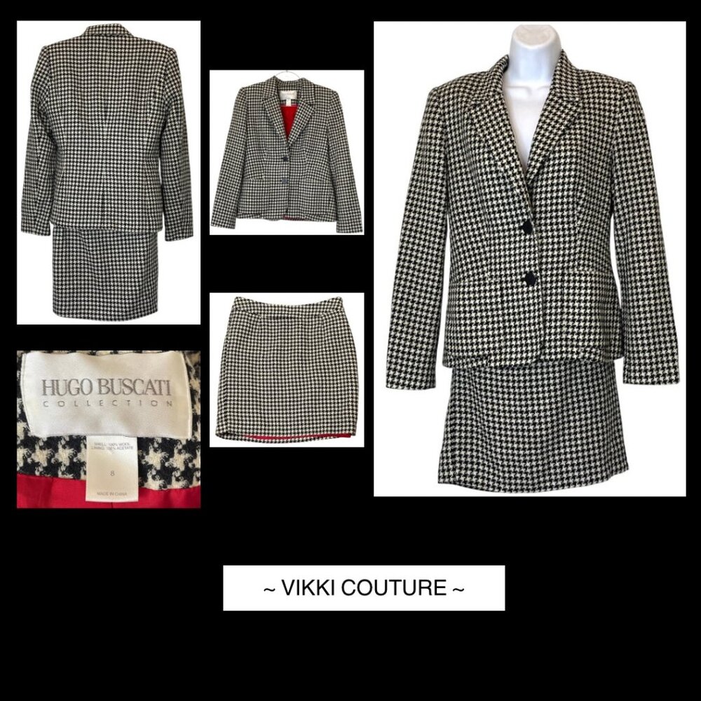 Hugo Buscati Houndstooth Wool Skirt Suit Set Sz 8 Vintage 2 Pc Blazer & Mini Skt